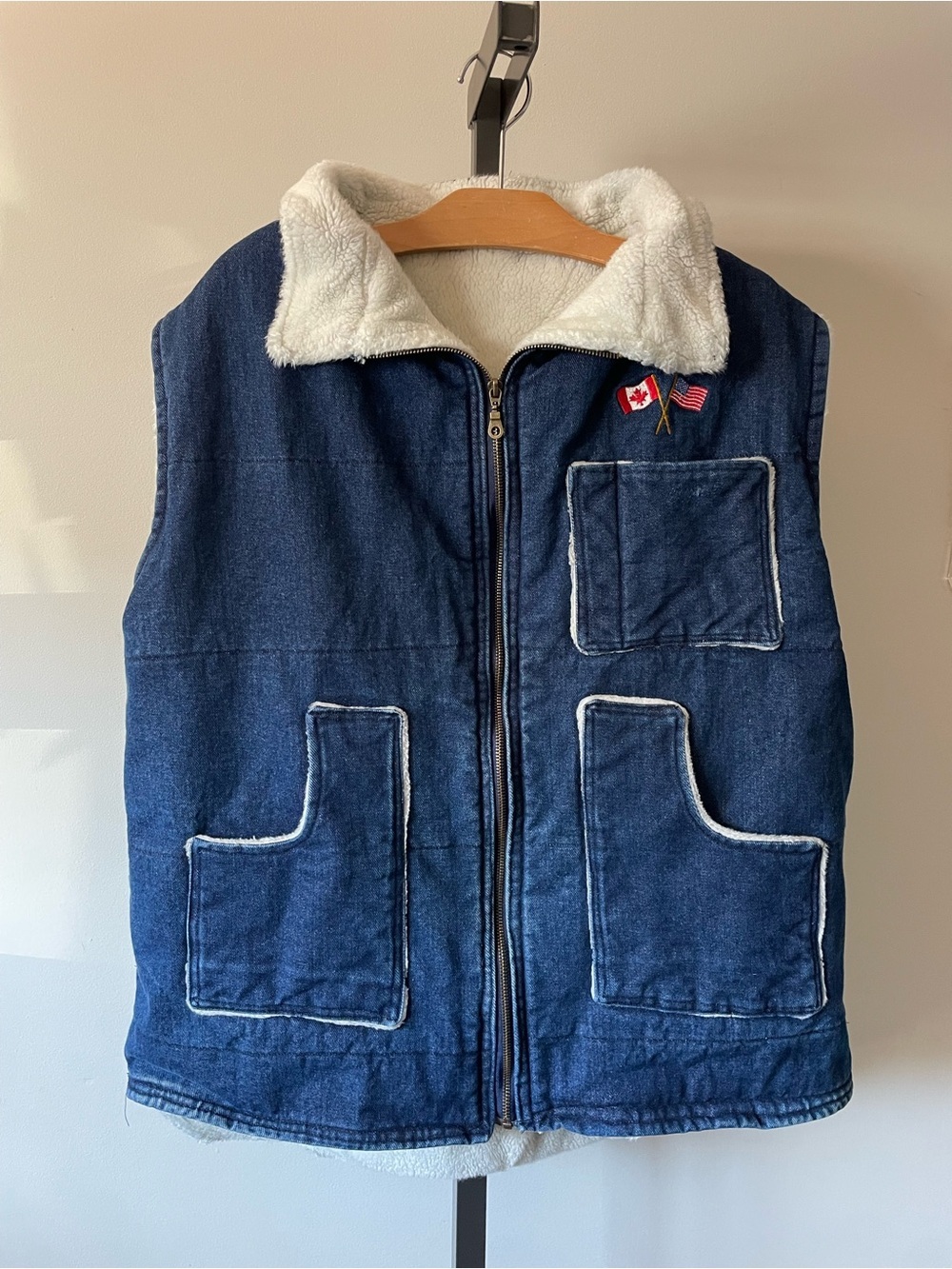 Vintage West Coast Truck Parts Surrey BC Denim Sherpa Lined Vest Canada USA Flag